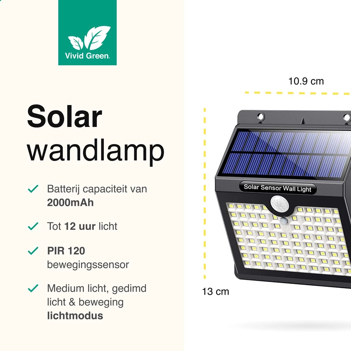 Vivid Green Solar Buitenlamp Met Bewegingssensor - Buitenverlichting Zonne Energie - Tuinverlichting - Wandlamp Buiten - Met Sensor - Led - Afbeelding 3
