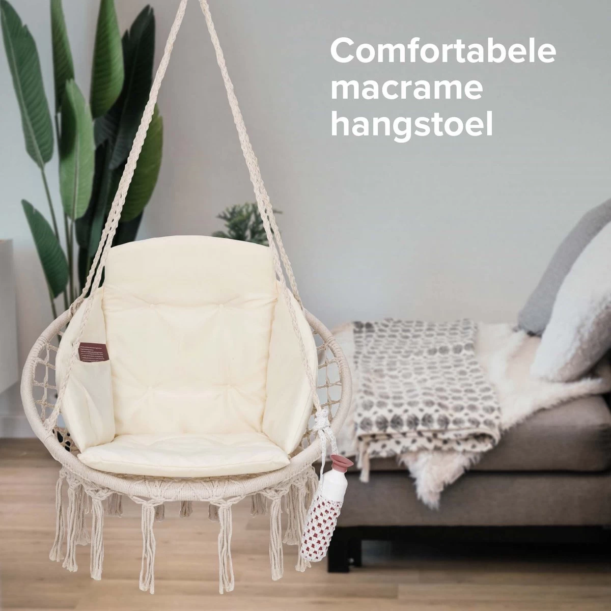 Vita5 Macramé Hangstoel - Voor Binnen En Buiten - Zonder Standaard - Incl. Kussen, Boekenvak En Beschermhoes - Tot 150kg - Beige - Afbeelding 8