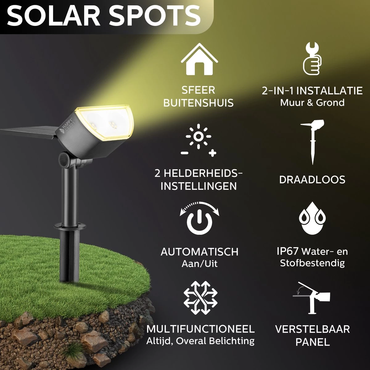 Happy Goods - Solar Prikspot - Buitenlampen - Tuinsteker - Buiten - Solar - Tuinverlichting - Lampen - Buiten Verlichting - Tuinlantaarn - Padverlichting - Zonne-energie - Warm White - Prikspot - Zomer - Duurzaam - Afbeelding 8