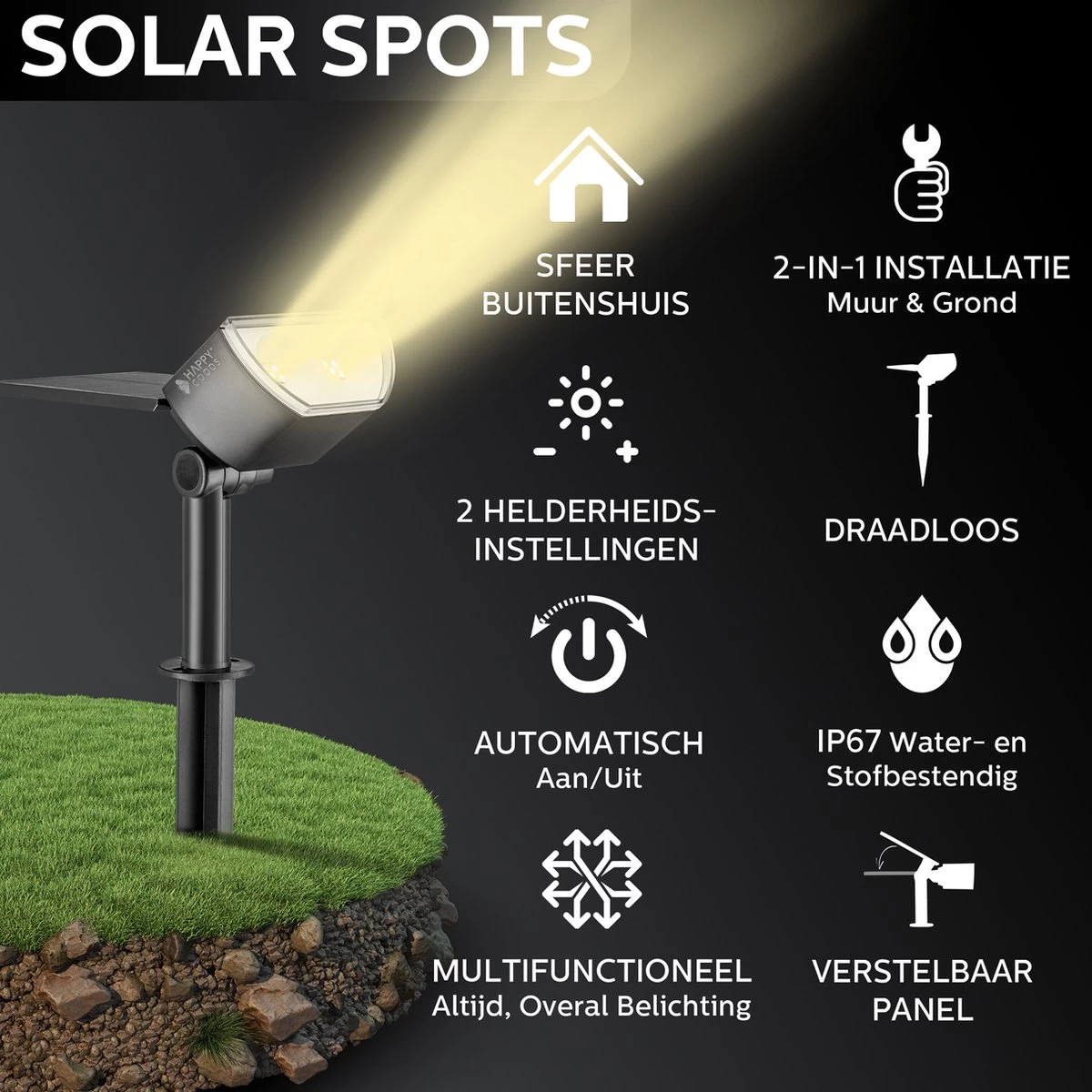 Happy Goods - Solar Prikspot - Buitenlampen - Tuinsteker - Buiten - Solar - Tuinverlichting - Lampen - Buiten Verlichting - Tuinlantaarn - Padverlichting - Zonne-energie - Warm White - Prikspot - Zomer - Duurzaam - Afbeelding 9