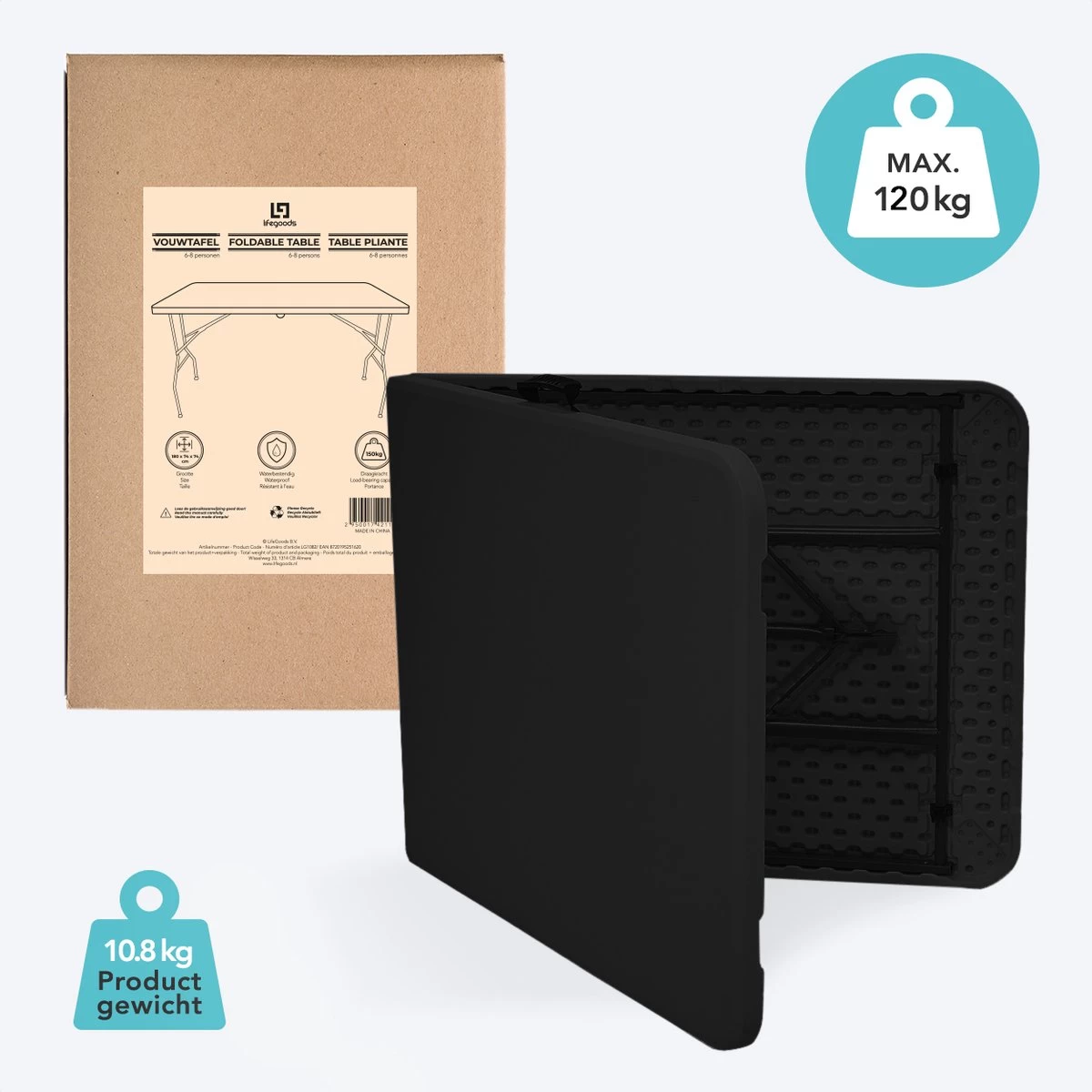 LifeGoods Klaptafel - Inklapbaar - 70x180cm - Verstelbare Vouwtafel - Weerbestendig - Zwart - Afbeelding 5