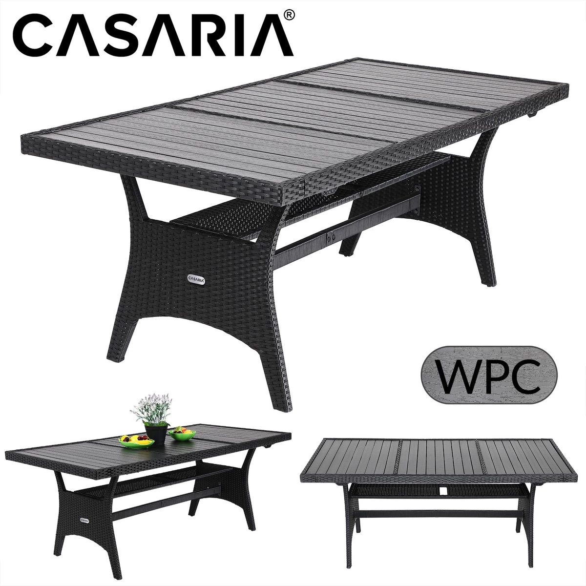 Casaria Polyrattan Tuintafel - WPC Tafelblad 190x90x74 Cm – Zwart - Afbeelding 6
