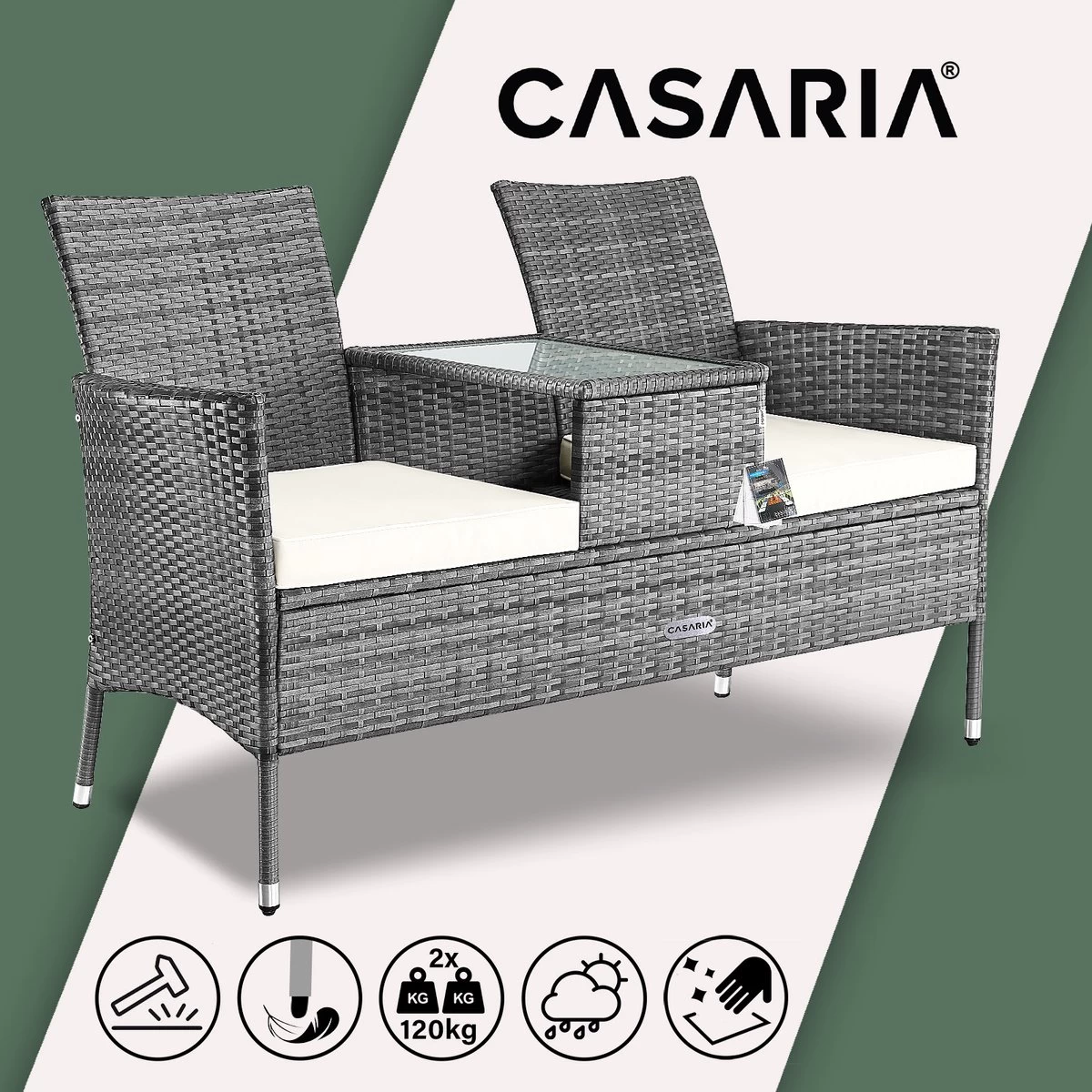 Casaria Polyrattan Tuinbank - Incl. Tafel & Kussens 7 Cm - Grijs - Afbeelding 6