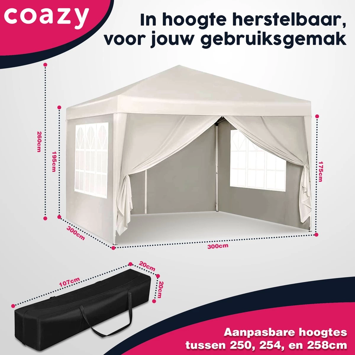 Waterdichte Partytent 3x3 Meter Opvouwbaar Met Zijwanden- Paviljoen Met Zijpanelen - Easy Up - Pop-up Tent Met Haringen, Touw En Anti Slip Poten - Afbeelding 3