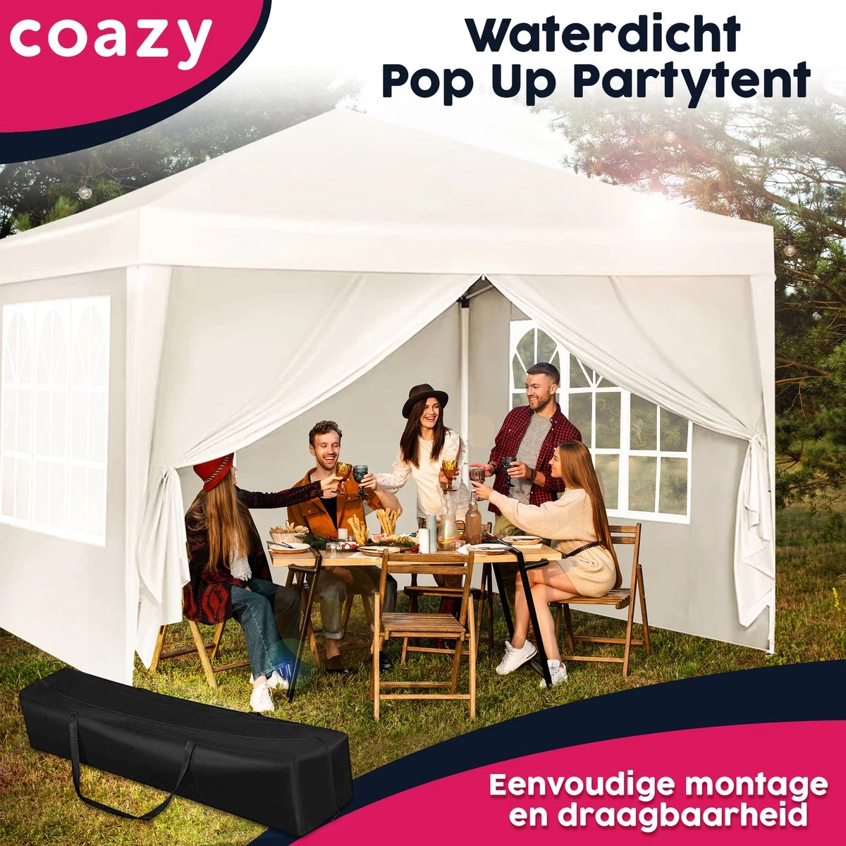 Waterdichte Partytent 3x3 Meter Opvouwbaar Met Zijwanden- Paviljoen Met Zijpanelen - Easy Up - Pop-up Tent Met Haringen, Touw En Anti Slip Poten - Afbeelding 5