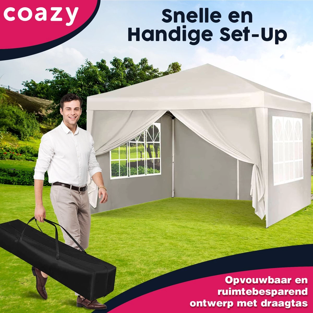 Waterdichte Partytent 3x3 Meter Opvouwbaar Met Zijwanden- Paviljoen Met Zijpanelen - Easy Up - Pop-up Tent Met Haringen, Touw En Anti Slip Poten - Afbeelding 6