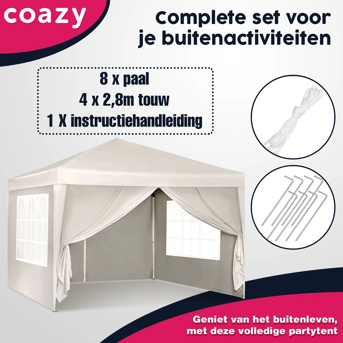 Waterdichte Partytent 3x3 Meter Opvouwbaar Met Zijwanden- Paviljoen Met Zijpanelen - Easy Up - Pop-up Tent Met Haringen, Touw En Anti Slip Poten - Afbeelding 7