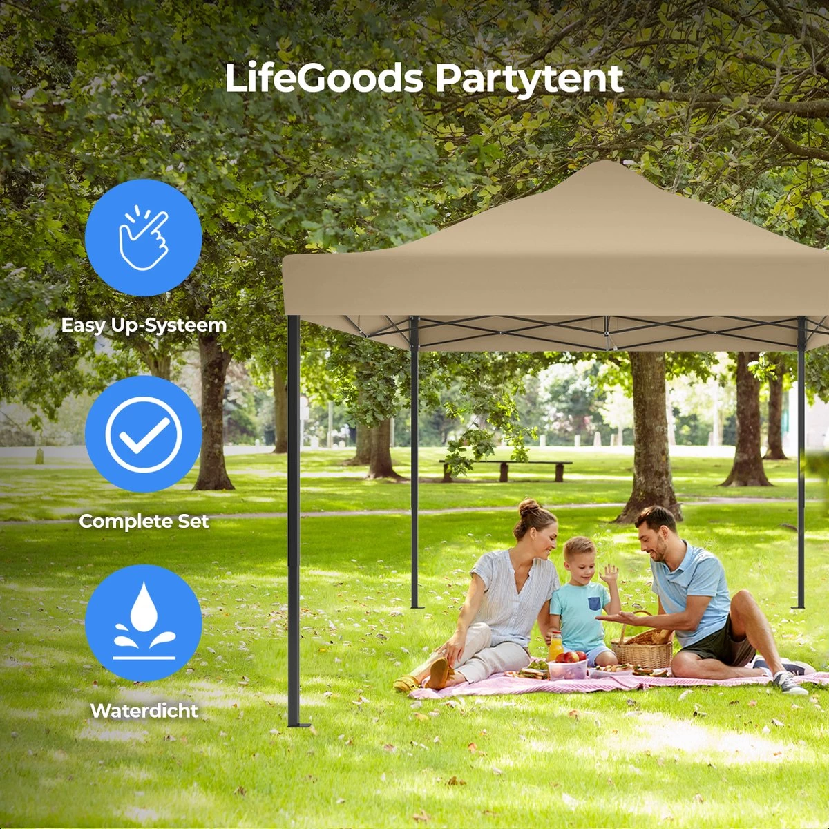 LifeGoods Partytent - 3x4.5 M - Zijwanden - Easy Up - Opvouwbaar - Waterdicht - Draagtas Met Wieltjes - Beige - Afbeelding 8