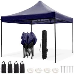 LifeGoods Partytent - 3x3 M - Easy Up - Opvouwbaar - Waterdicht - Draagtas Met Wieltjes - Donkerblauw