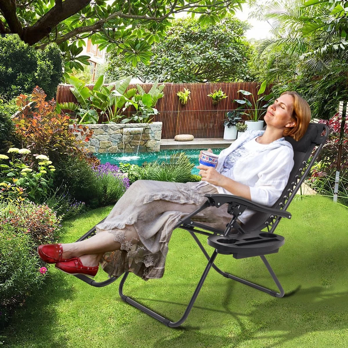 LifeGoods Opvouwbare Tuinstoelen - Verstelbaar Zonnescherm - 2 Stuks - 30°-90° Verstelbaar - Metaal - Zwart - Afbeelding 9