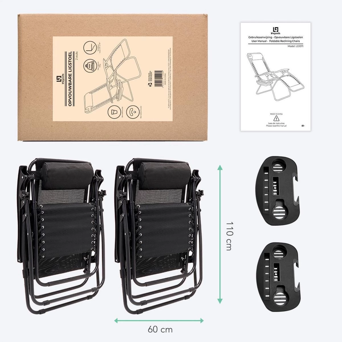 LifeGoods Opvouwbare Tuinstoelen - Verstelbaar Zonnescherm - 2 Stuks - 30°-90° Verstelbaar - Metaal - Zwart - Afbeelding 10