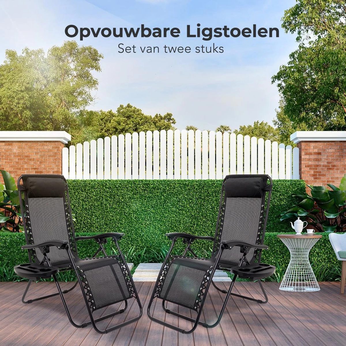 LifeGoods Opvouwbare Tuinstoelen - Verstelbaar Zonnescherm - 2 Stuks - 30°-90° Verstelbaar - Metaal - Zwart - Afbeelding 11