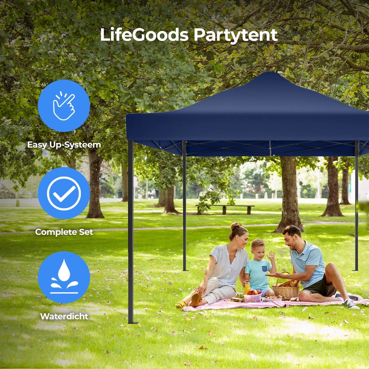 LifeGoods Partytent - 3x4.5 M - Zijwanden - Easy Up - Opvouwbaar - Waterdicht - Draagtas Met Wieltjes - Donkerblauw - Afbeelding 6