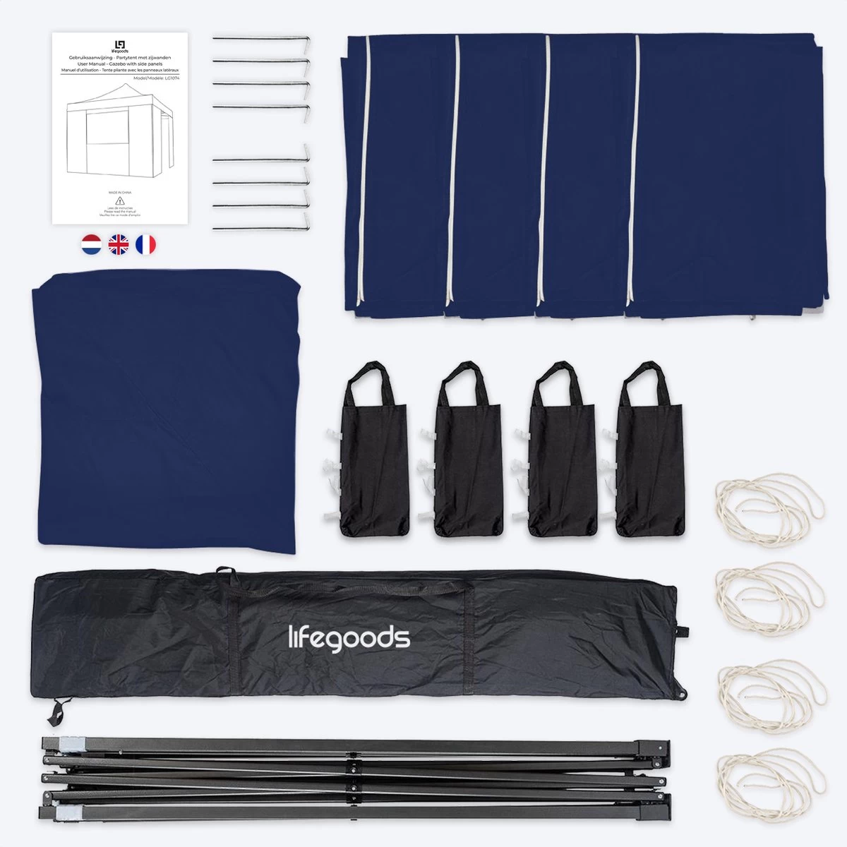 LifeGoods Partytent - 3x3 M - Zijwanden - Easy Up - Opvouwbaar - Waterdicht - Draagtas Met Wieltjes - Donkerblauw - Afbeelding 5