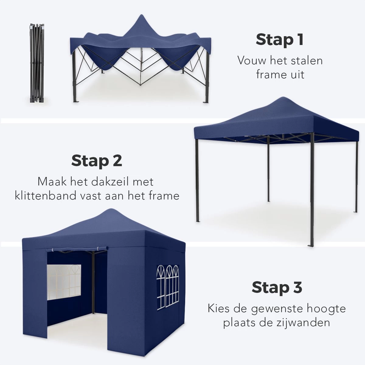 LifeGoods Partytent - 3x3 M - Zijwanden - Easy Up - Opvouwbaar - Waterdicht - Draagtas Met Wieltjes - Donkerblauw - Afbeelding 11
