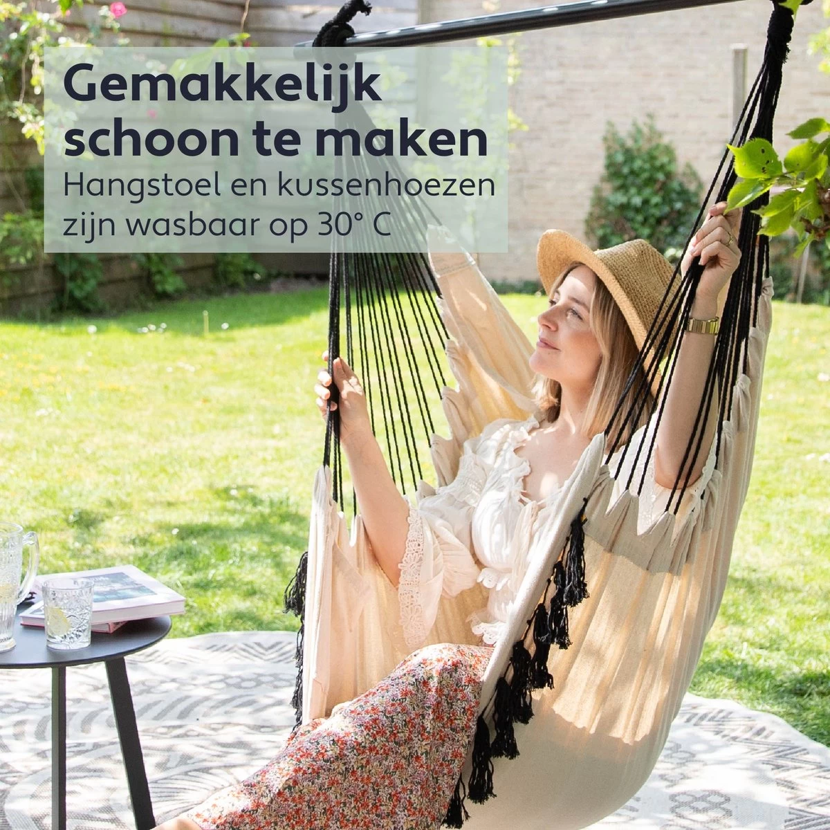 Vita5 XXL Hangstoel | Binnen&Buiten Hangnest | Incl. 2 Kussens En Boekenvak | Volwassenen&Kinderen | Hangmatstoel Tot 225kg | Beige - Afbeelding 4