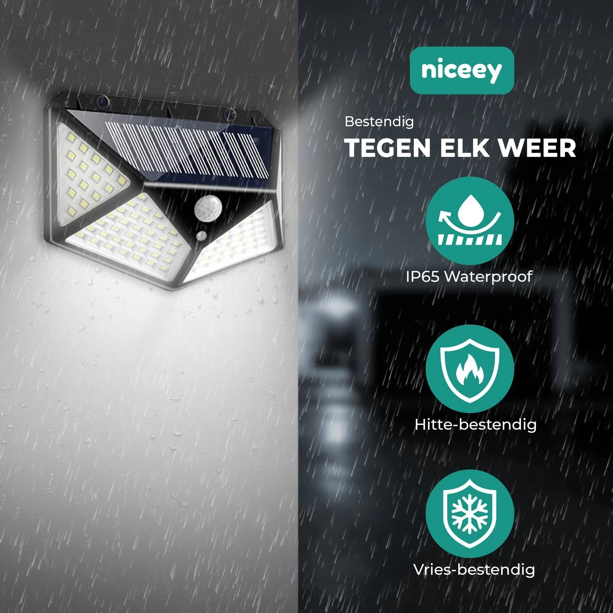 Niceey Solar Buitenlamp Met Bewegingssensor - 100 LED's - Wit Licht - Zonne-Energie - Wandlampen - Buiten Lamp - IP65 Waterdicht - 2 Stuks - Afbeelding 2