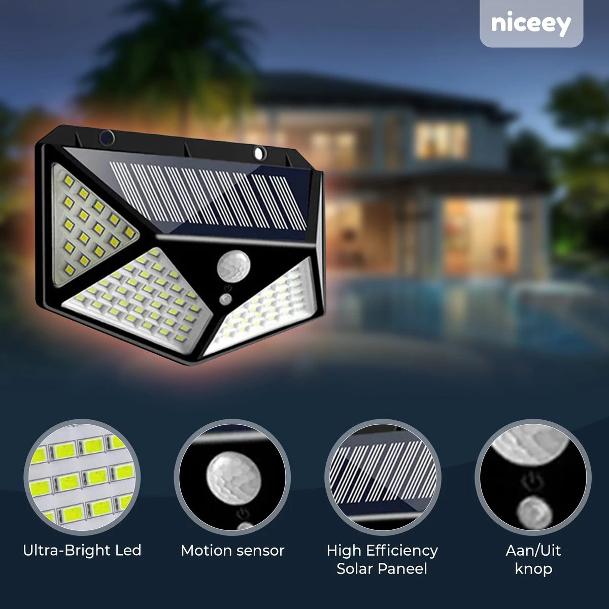 Niceey Solar Buitenlamp Met Bewegingssensor - 100 LED's - Wit Licht - Zonne-Energie - Wandlampen - Buiten Lamp - IP65 Waterdicht - 2 Stuks - Afbeelding 4