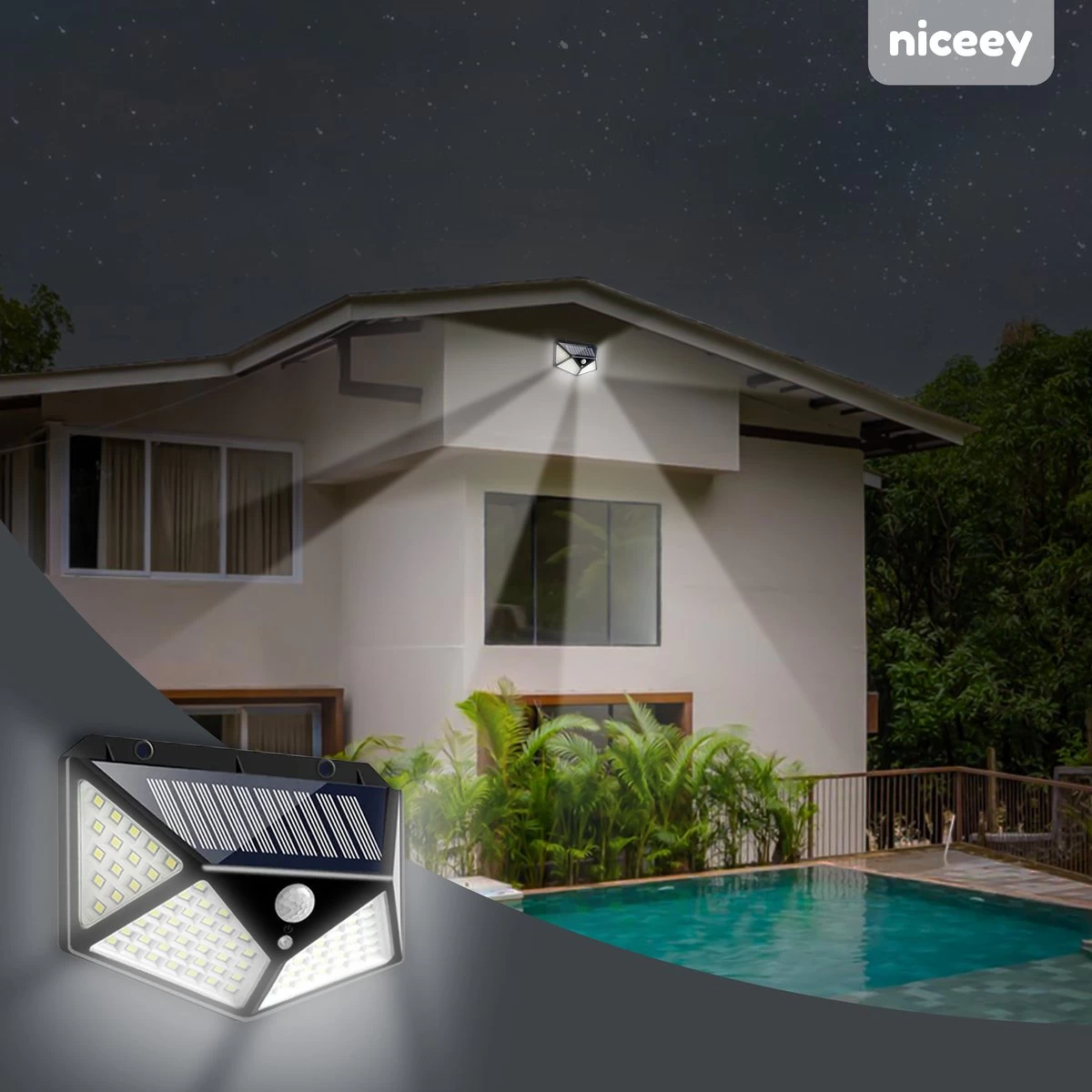 Niceey Solar Buitenlamp Met Bewegingssensor - 100 LED's - Wit Licht - Zonne-Energie - Wandlampen - Buiten Lamp - IP65 Waterdicht - 2 Stuks - Afbeelding 5