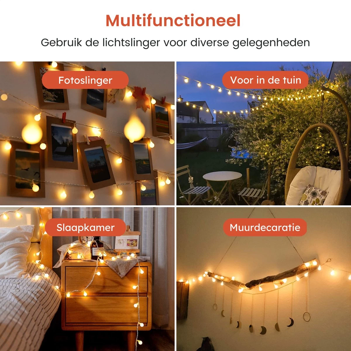 Partizzle 12m Lichtsnoer - Buiten & Binnen - Kamer Decoratie Lichtjes Slinger Tieners - Lampjes Lichtslinger Kinderkamer - Fotoslinger - Sfeer En Feestverlichting - Tuinverlichting - Warm Wit / 120 LEDs - Afbeelding 2