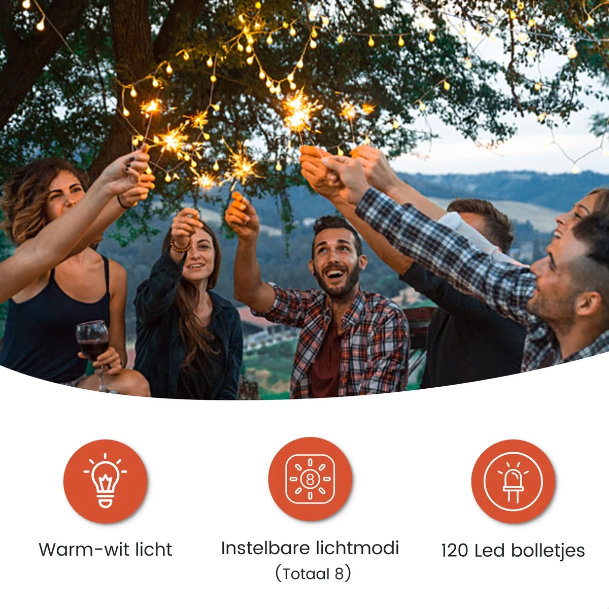 Partizzle 12m Lichtsnoer - Buiten & Binnen - Kamer Decoratie Lichtjes Slinger Tieners - Lampjes Lichtslinger Kinderkamer - Fotoslinger - Sfeer En Feestverlichting - Tuinverlichting - Warm Wit / 120 LEDs - Afbeelding 7