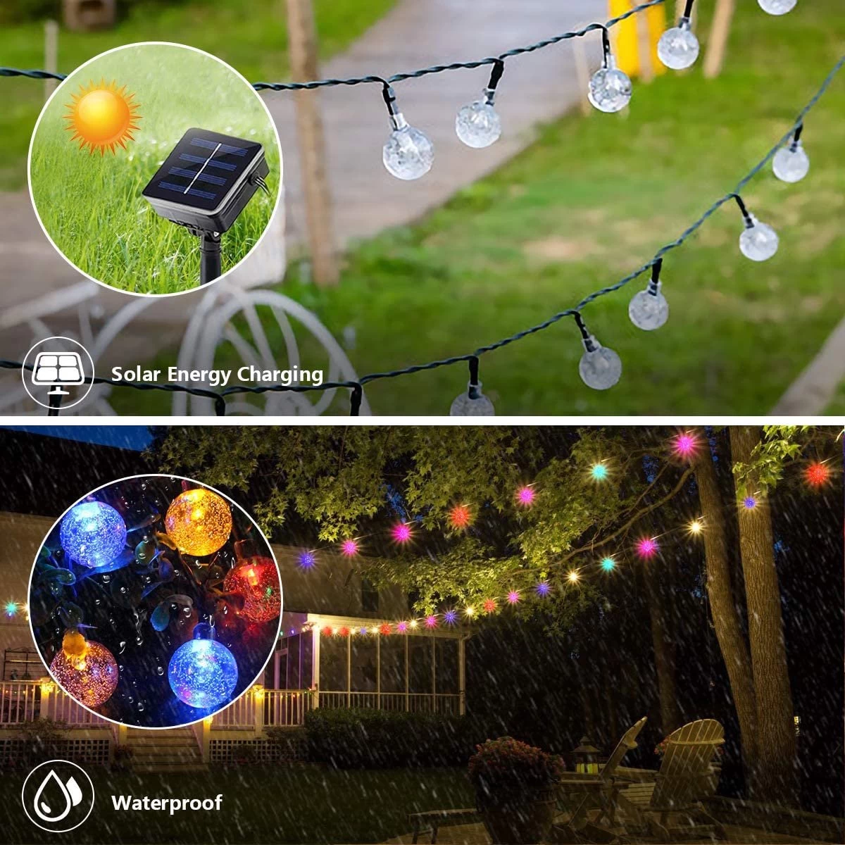 Homèlle Solar Lichtsnoer - 50 LED - 5 + 2 Meter - Multi-color - ø2cm - Tuinverlichting Op Zonne-energie - Kerstverlichting - Buitenverlichting - Lichtslinger - Lampjes Slinger - Cristal - Afbeelding 2
