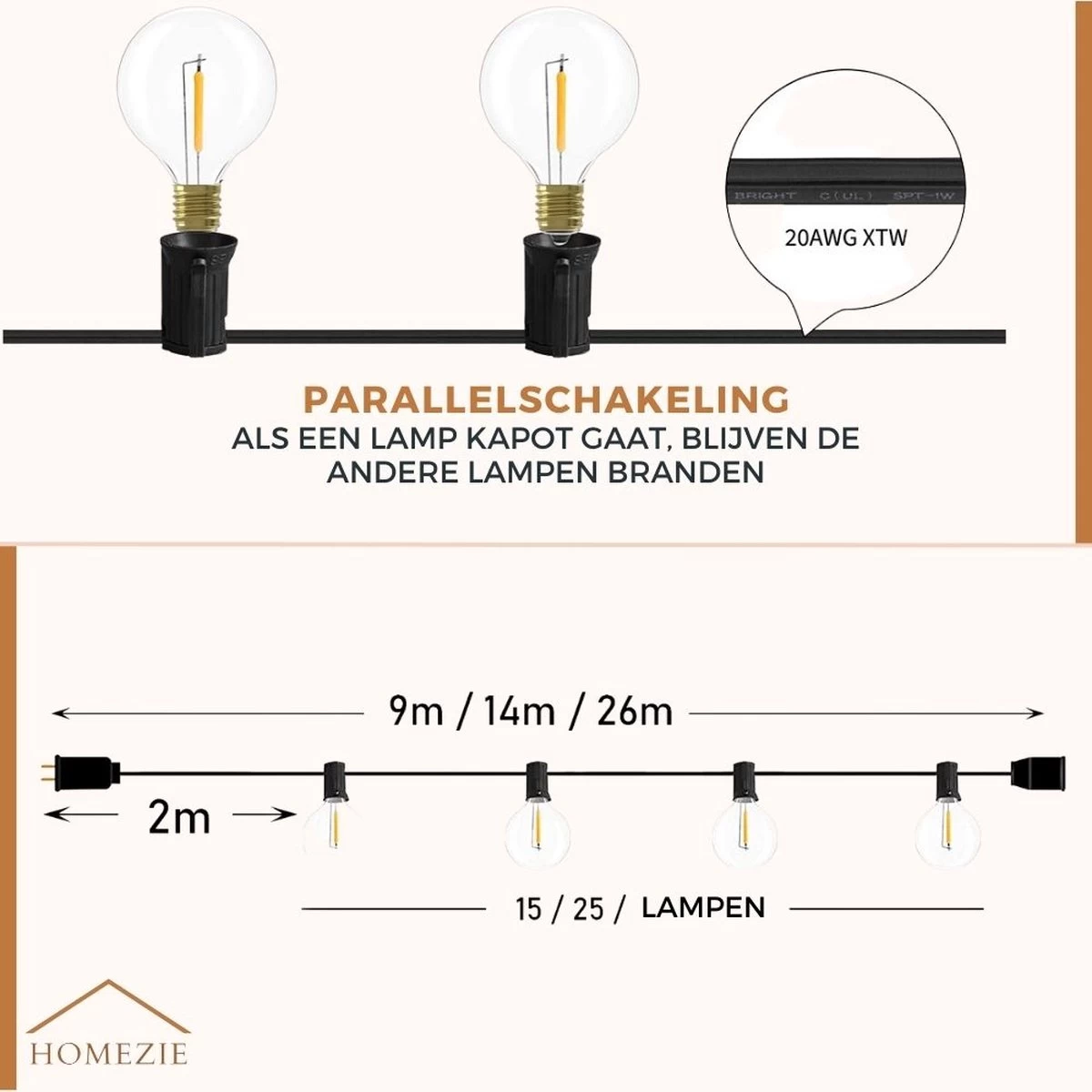 Homezie Lichtsnoer | 16 Meter | Waterdicht | 30 LED Bulbs | Lampjes Slinger | Tuinverlichting | Tuinverlichting Buiten Lichtsnoeren | Lichtsnoer Buiten | Prikkabel - Afbeelding 4