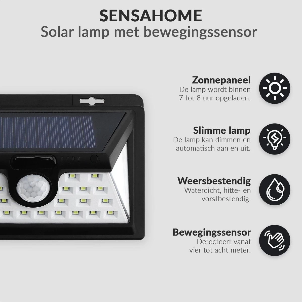 SensaHome Solar Lamp 34 Led Met Bewegingssensor Voor Buitenverlichting | Slimme Lamp | Energievriendelijk Op Zonne-energie | Buitenverlichting Wandlamp Met Sensor En Led - Afbeelding 6