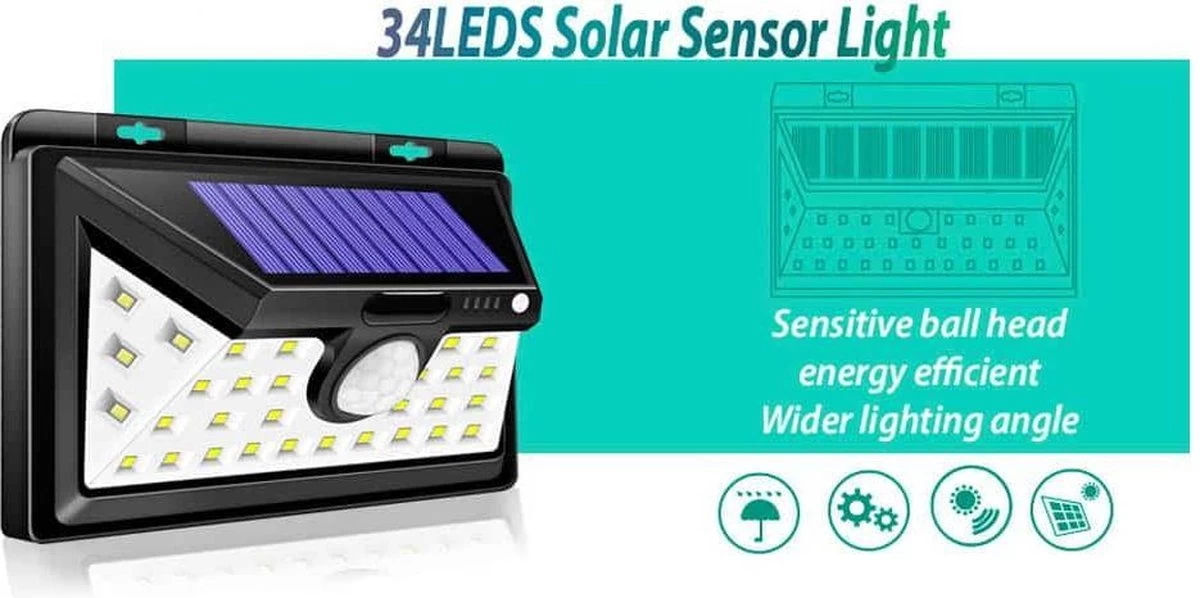 SensaHome Solar Lamp 34 Led Met Bewegingssensor Voor Buitenverlichting | Slimme Lamp | Energievriendelijk Op Zonne-energie | Buitenverlichting Wandlamp Met Sensor En Led - Afbeelding 12