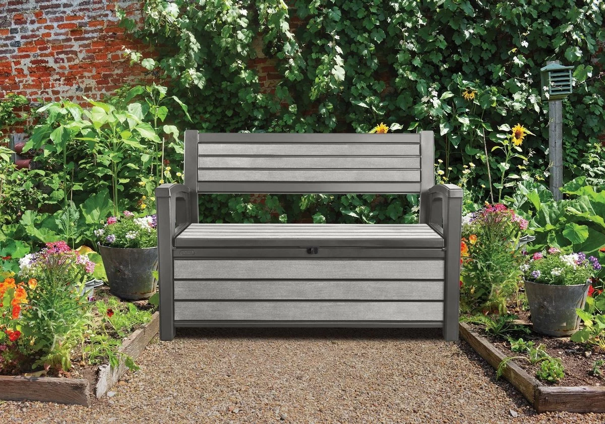 Keter - Hudson Bench Box - 2-zits Bank - Opbergbox - Hout Look & Feel - 227L - 138x63x89cm - Antraciet - Afbeelding 3