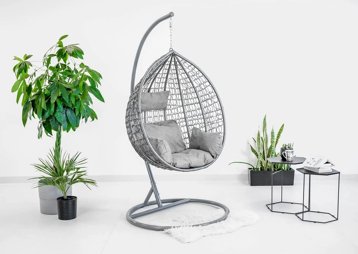 Hangstoel - Ei Stoel - Met Grijze Standaard & Kussens - Tot 125kg - Afbeelding 5