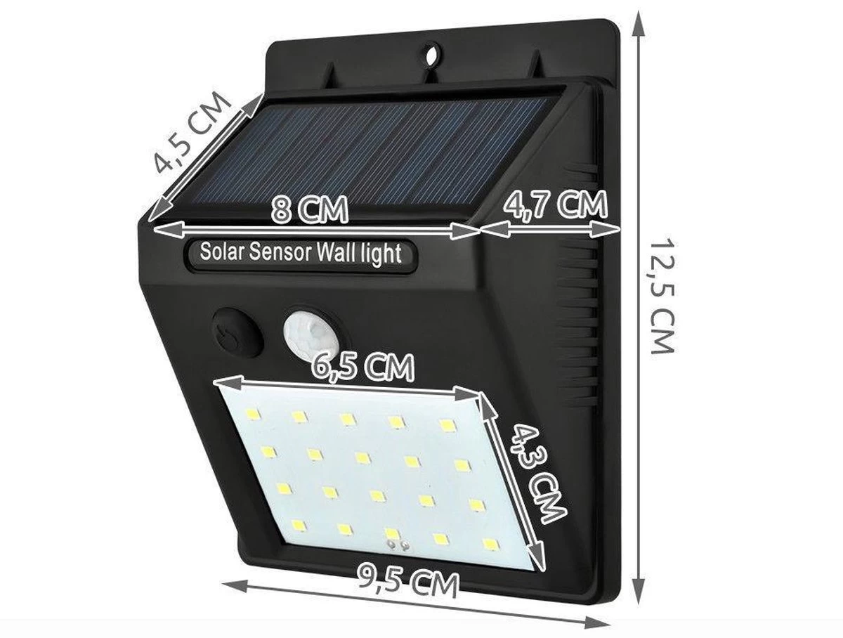 Solar LED Lamp Met Bewegingssensor - 20 LEDs - Zwart - Voor Buiten - Zonne-energie - Afbeelding 4