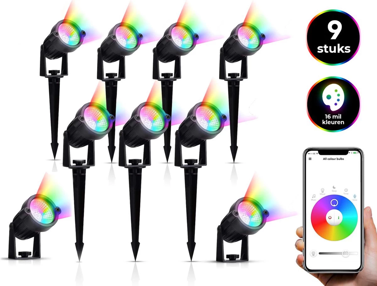 Bolt Electronics ® Tuinspot – Tuinverlichting LED Buiten – Hanglamp Buitenverlichting – Prikspot Buitenlamp - RGB Lamp – Bedienbaar Via App Tuinlamp – IP68 Waterdicht Muurlamp – Wandlamp – Verlichting Terras En Tuin – 9 Stuks