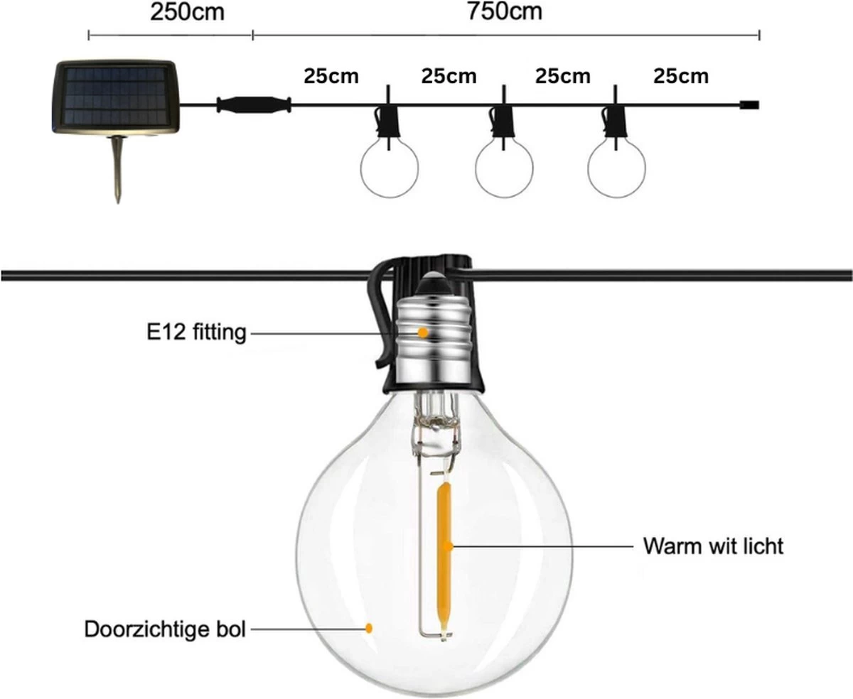Merkloos Lichtsnoer Op Zonne-energie - Warm Wit - Tuinverlichting - Lichtslinger - 10M - Waterdicht - E27 Fitting - Warm Wit - Incl. 20 LED Lampen - Voor Binnen En Buiten - Solar Tuinverlichting - Afbeelding 9