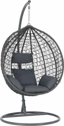 Bircim Hangstoel Ei/Egg-Vorm Met Dikke Kussens - Voor Binnen En Buiten - Incl. Standaard, Onderstel & Kussens - Antraciet