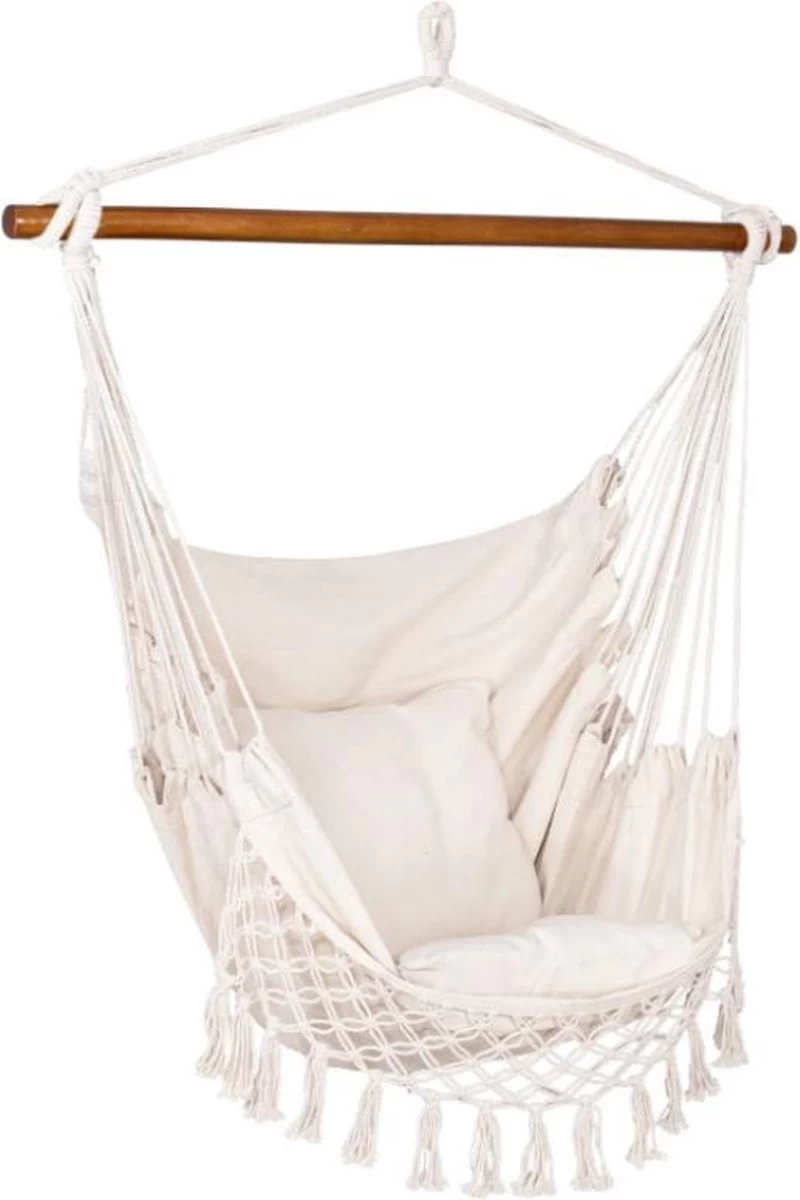 Springos Hangstoel | Binnen & Buiten | Met 2 Kussens | Boekenvak | Ook Voor Kinderen | Belastbaar Tot 150 Kg | Wit - Afbeelding 2